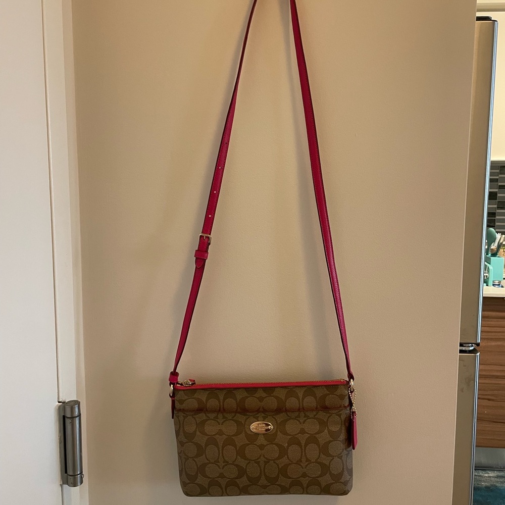 Coach Signature Monogram and Hot Pink Detailing Crossbody Purse